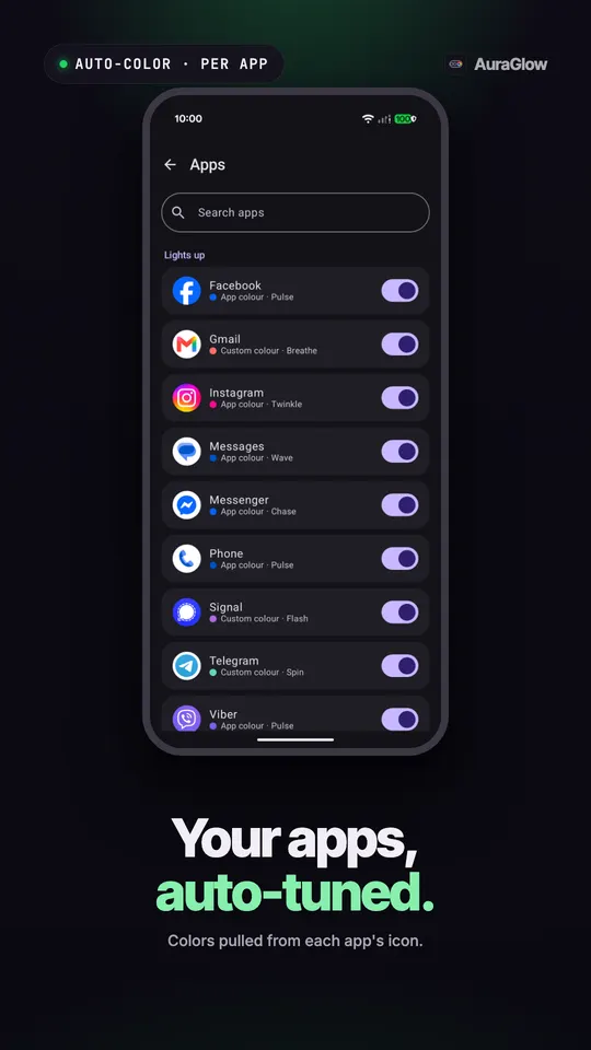 قائمة التطبيقات مع تشغيل Facebook وGmail وInstagram وMessages وMessenger وPhone وSignal وTelegram وViber، ولكل منها لون ونمط