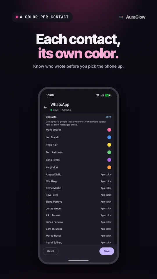 قائمة جهات اتصال WhatsApp موسومة بأنها تجريبية، مع عدة أشخاص لكل منهم لونه والباقي بلون التطبيق