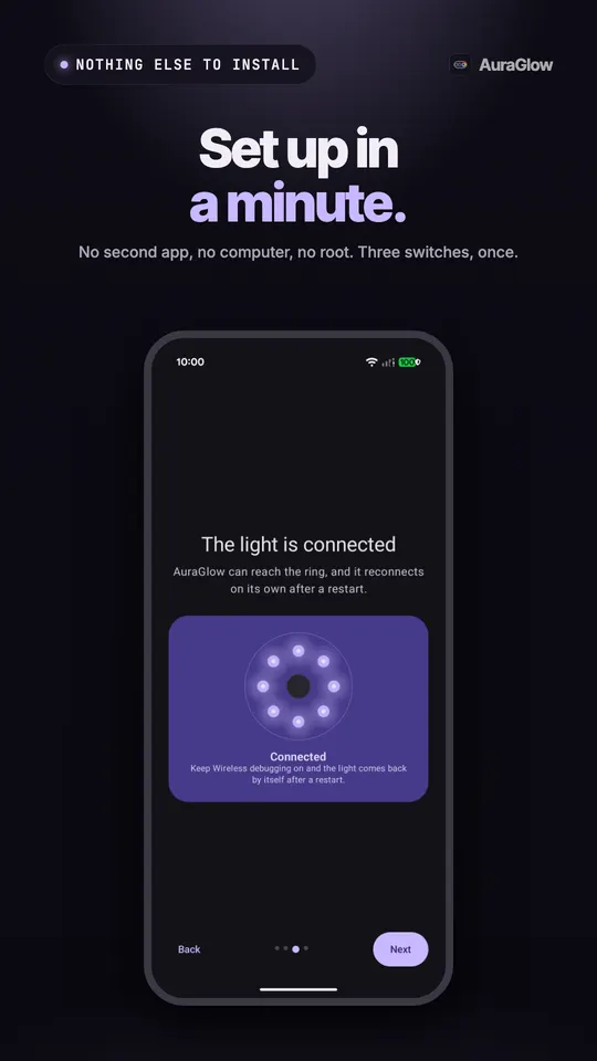 شاشة الإعداد تؤكد اتصال الضوء، مع إضاءة لمبات LED الثماني في الحلقة كلها