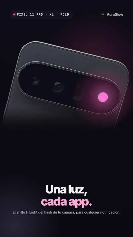 Parte trasera de un Pixel 11 Pro con el anillo HiLight junto al flash de la cámara brillando en rosa