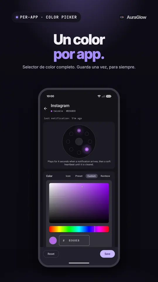 Ajustes de Instagram con una vista previa del anillo y un selector de color personalizado en morado