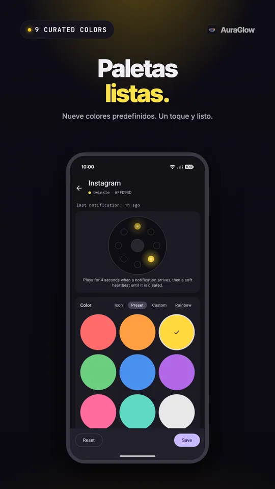 Nueve muestras de color predefinidas con el amarillo elegido y la vista previa del anillo encendida en amarillo