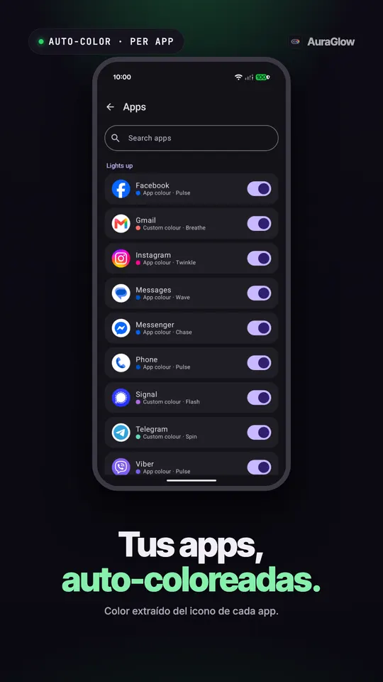 Lista de apps con Facebook, Gmail, Instagram, Messages, Messenger, Teléfono, Signal, Telegram y Viber activadas, cada una con un color y un patrón
