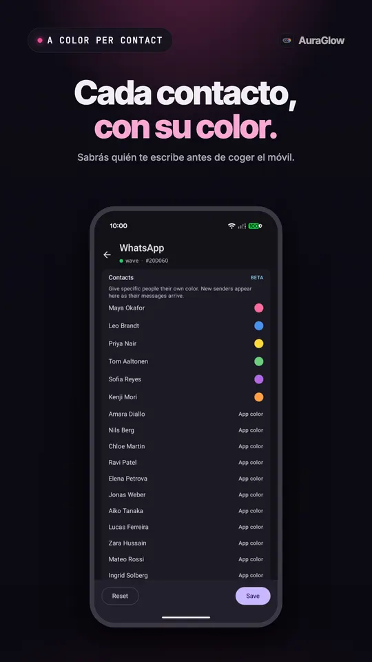 Lista de contactos de WhatsApp marcada como BETA, con varias personas con su propio color y el resto con el color de la app