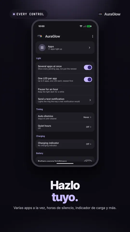 Pantalla principal de AuraGlow con ajustes de varias apps a la vez, un LED por app, pausa, apagado automático, horas de silencio e indicador de carga