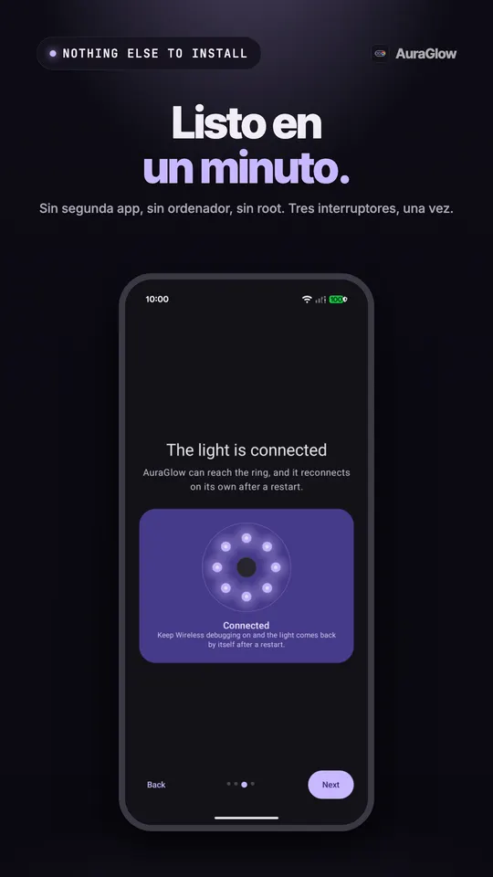Pantalla de configuración que confirma que la luz está conectada, con los ocho LED del anillo encendidos