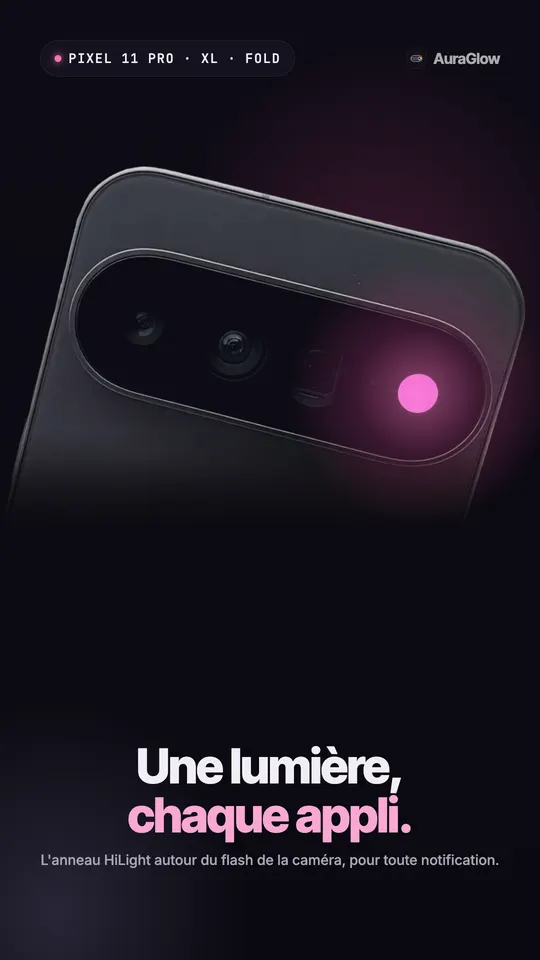 Dos d'un Pixel 11 Pro avec l'anneau HiLight allumé en rose à côté du flash