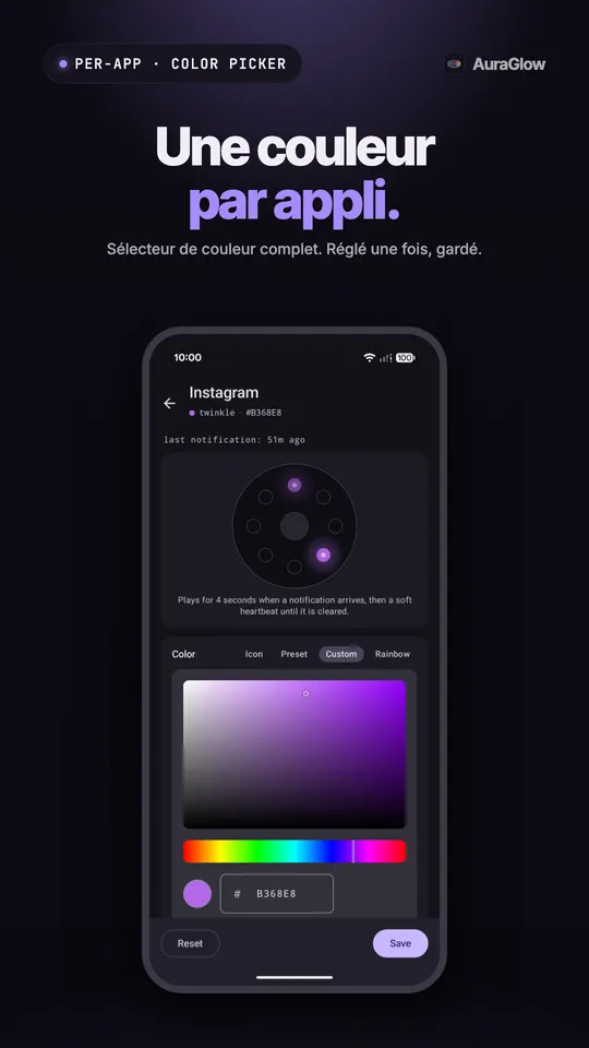 Réglages d'Instagram avec un aperçu de l'anneau et un sélecteur de couleur réglé sur violet