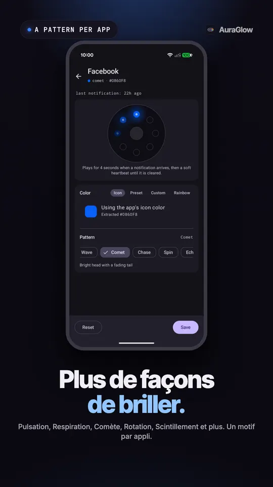 Réglages de Facebook avec le bleu de son icône, le motif Comet sélectionné et affiché sur l'aperçu de l'anneau