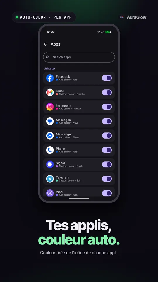 Liste des applis avec Facebook, Gmail, Instagram, Messages, Messenger, Téléphone, Signal, Telegram et Viber activés, chacun avec une couleur et un motif