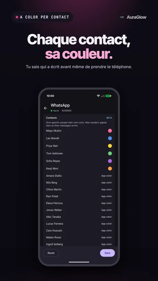Liste des contacts WhatsApp marquée BÊTA, plusieurs personnes avec leur propre couleur et les autres avec la couleur de l'appli
