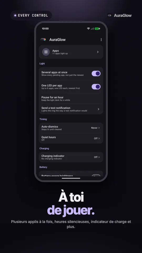 Écran d'accueil d'AuraGlow avec les réglages plusieurs applis, une LED par appli, pause, extinction automatique, heures silencieuses et indicateur de charge