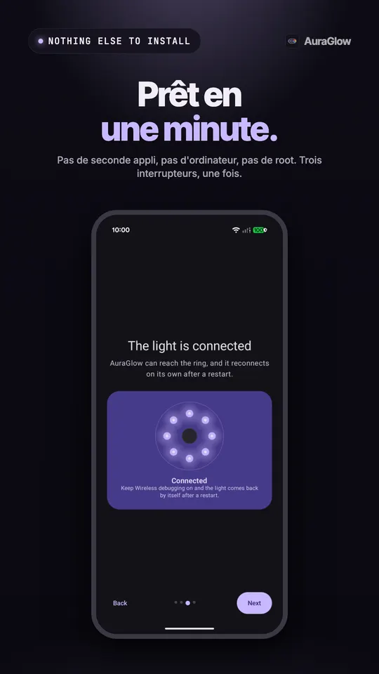 Écran de configuration qui confirme que la lumière est connectée, avec les huit LED de l'anneau allumées