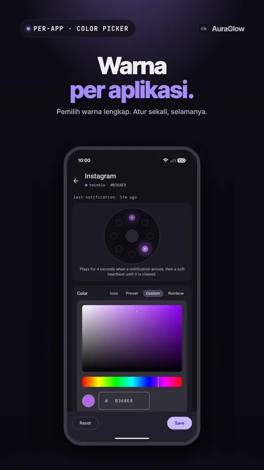 Pengaturan Instagram dengan pratinjau cincin dan pemilih warna kustom diatur ke ungu