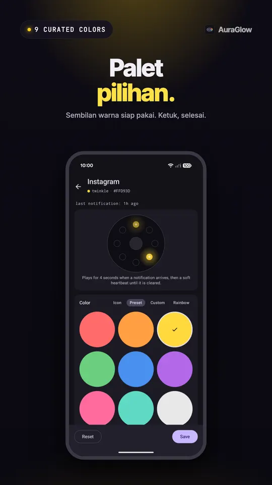 Sembilan contoh warna preset dengan kuning dipilih dan pratinjau cincin menyala kuning