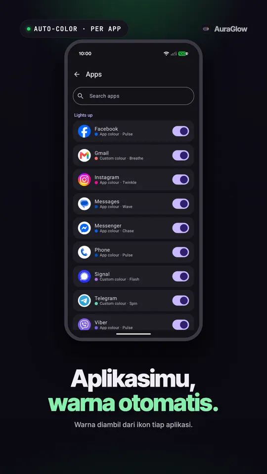 Daftar aplikasi dengan Facebook, Gmail, Instagram, Messages, Messenger, Telepon, Signal, Telegram, dan Viber aktif, masing-masing dengan warna dan pola