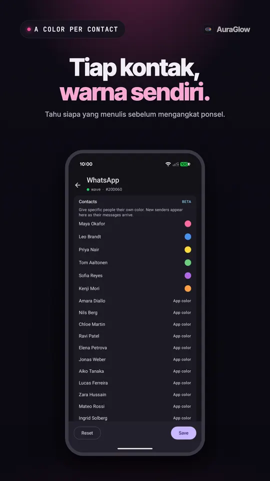 Daftar kontak WhatsApp berlabel BETA, beberapa orang punya warna sendiri dan sisanya memakai warna aplikasi