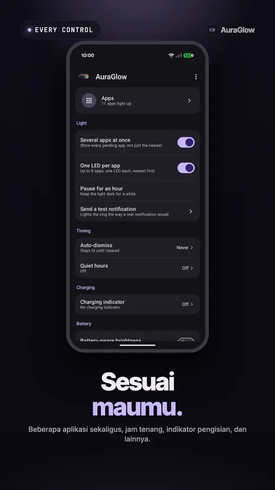 Layar utama AuraGlow dengan pengaturan beberapa aplikasi sekaligus, satu LED per aplikasi, jeda, hilang otomatis, jam tenang, dan indikator pengisian daya