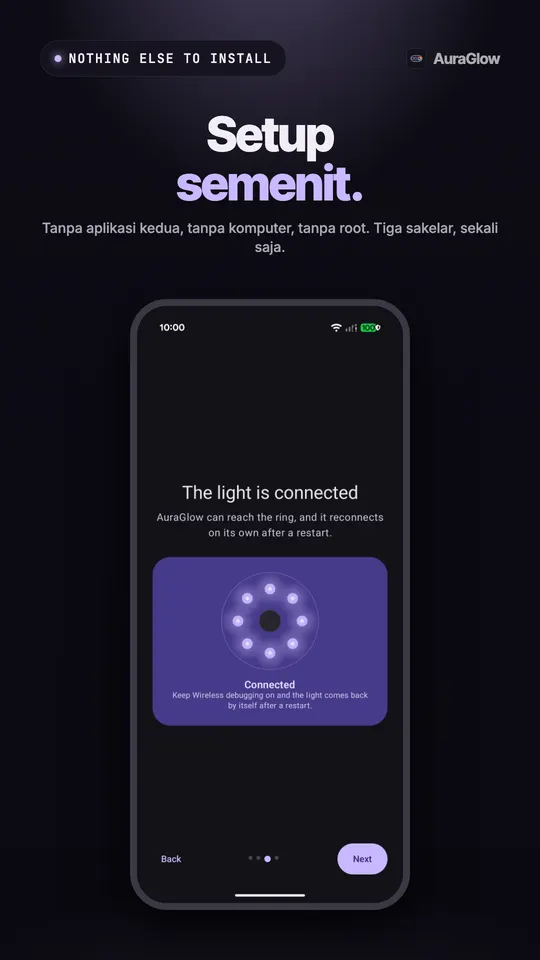 Layar setup yang memastikan lampu sudah tersambung, dengan delapan LED cincin menyala semua