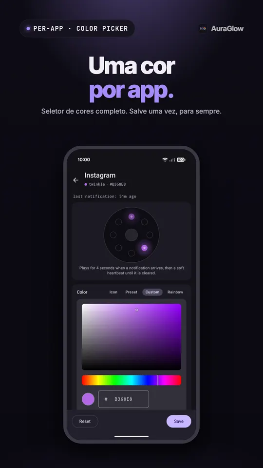 Configurações do Instagram com a prévia do anel e um seletor de cor personalizada no roxo
