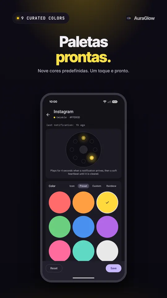 Nove amostras de cor prontas com o amarelo selecionado e a prévia do anel acesa em amarelo