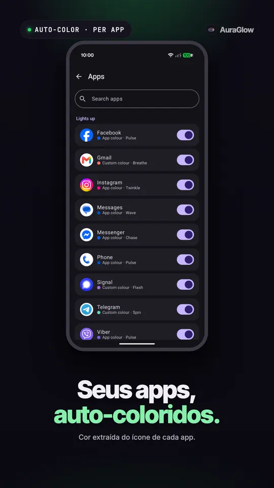 Lista de apps com Facebook, Gmail, Instagram, Messages, Messenger, Telefone, Signal, Telegram e Viber ligados, cada um com cor e padrão