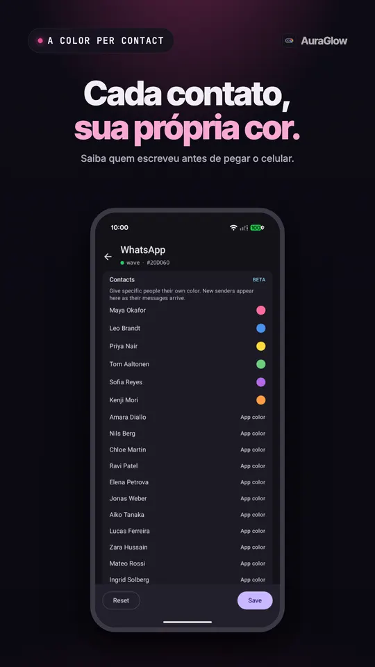 Lista de contatos do WhatsApp marcada como BETA, com várias pessoas com cores próprias e o resto usando a cor do app