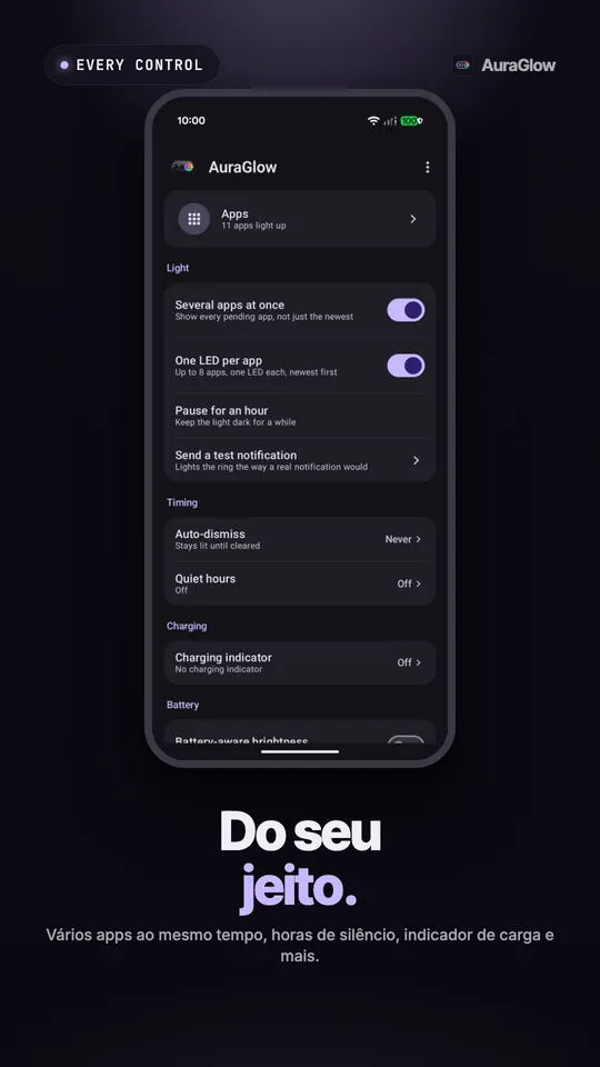 Tela inicial do AuraGlow com as opções de vários apps ao mesmo tempo, um LED por app, pausa, apagar automaticamente, horas de silêncio e indicador de carga