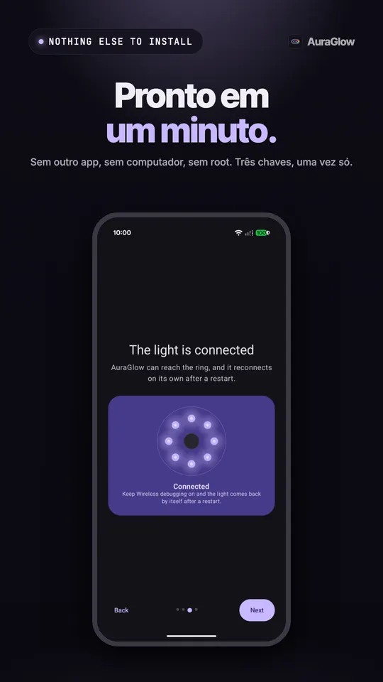 Tela de configuração confirmando que a luz está conectada, com os oito LEDs do anel acesos