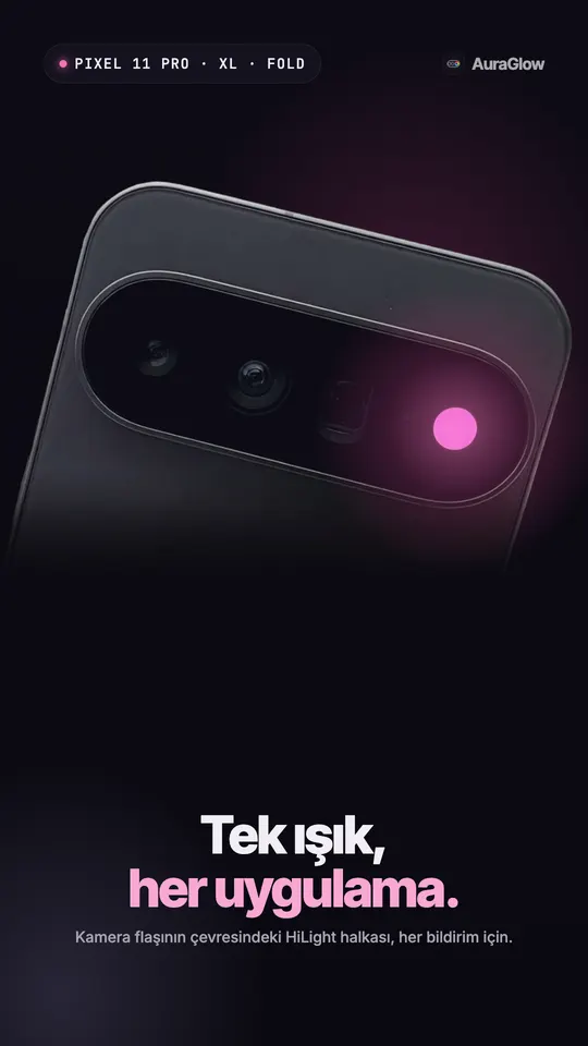 Kamera flaşının yanındaki HiLight halkası pembe yanan bir Pixel 11 Pro'nun arkası