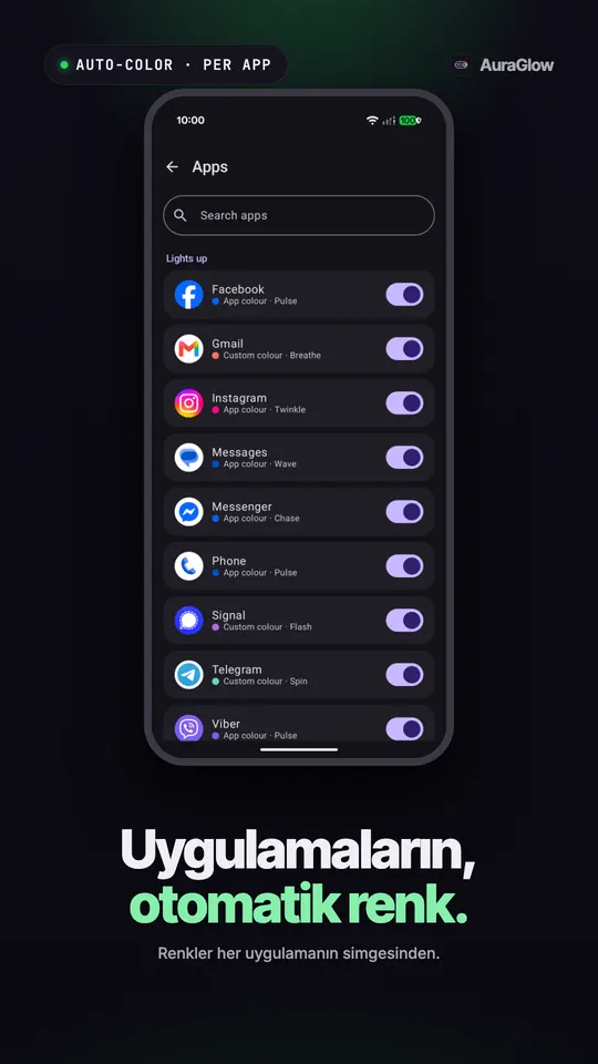 Facebook, Gmail, Instagram, Messages, Messenger, Telefon, Signal, Telegram ve Viber'ın açık olduğu, her birinin bir rengi ve deseni olan uygulama listesi