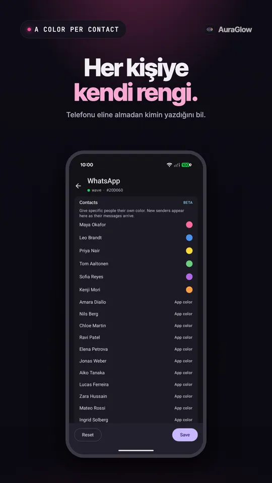 BETA olarak işaretli WhatsApp kişi listesi, birkaç kişiye kendi rengi verilmiş, diğerleri uygulama rengini kullanıyor