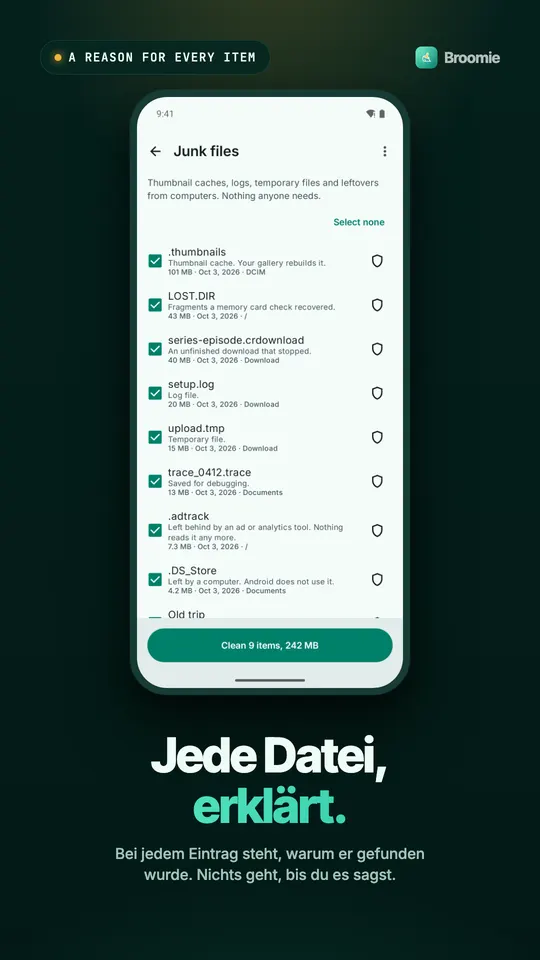Liste mit Datenmüll, in der jeder Eintrag, etwa ein Vorschaubild-Cache, ein Log oder ein abgebrochener Download, eine Zeile mit dem Fundgrund hat