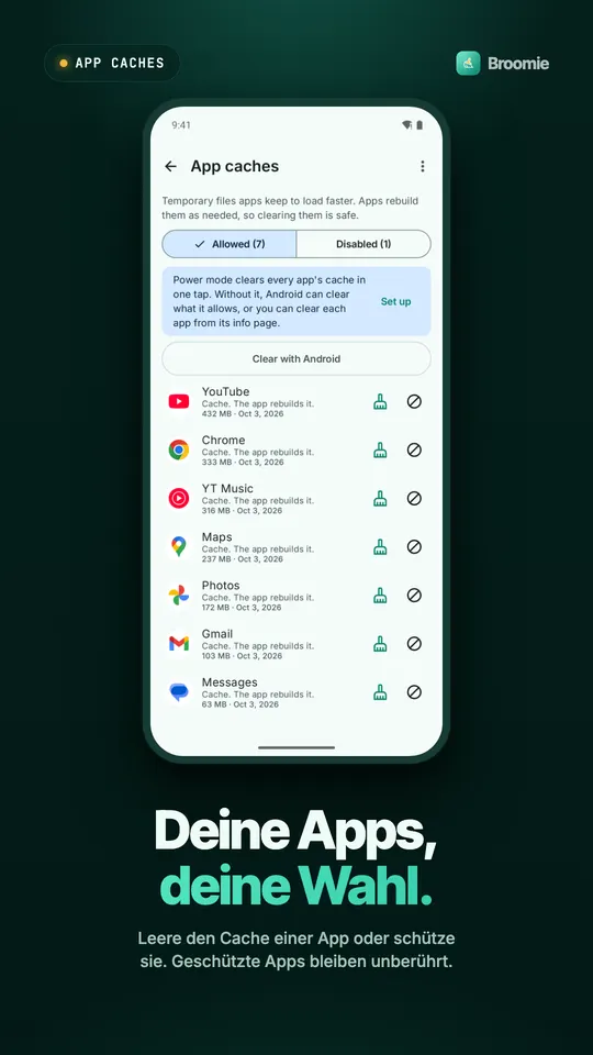 Liste der App-Caches mit Größen für YouTube, Chrome, Maps und andere Apps, jeweils mit Schaltflächen zum Leeren und Schützen