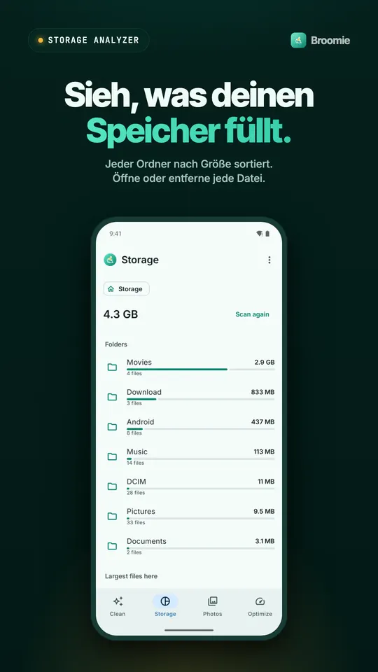 Speicheranalyse mit Ordnern wie Movies, Download und Android, nach Größe sortiert