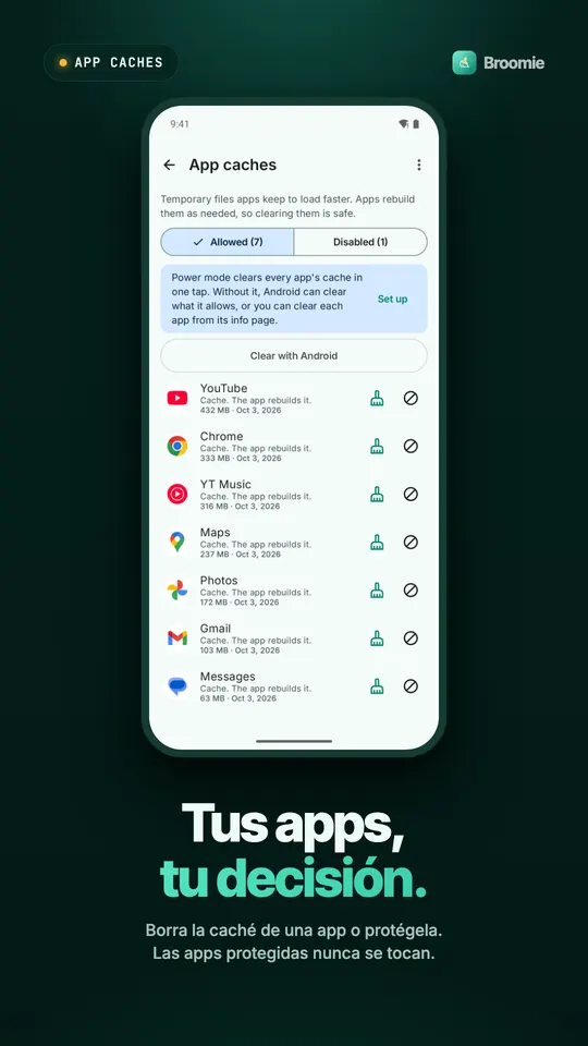 Lista de cachés de apps con tamaños para YouTube, Chrome, Maps y otras apps, cada una con un botón para borrar y otro para proteger