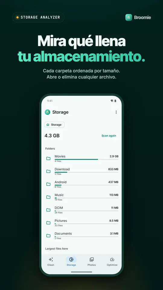 Analizador de almacenamiento con carpetas como Movies, Download y Android ordenadas por tamaño