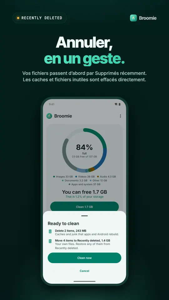 Fenêtre Prêt à nettoyer qui sépare les caches supprimés de vos propres fichiers envoyés dans la Corbeille