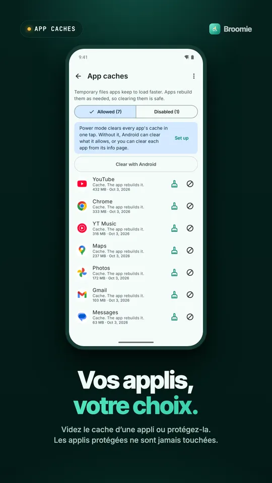Liste des caches d'applis avec les tailles pour YouTube, Chrome, Maps et d'autres, chacune avec un bouton vider et un bouton protéger
