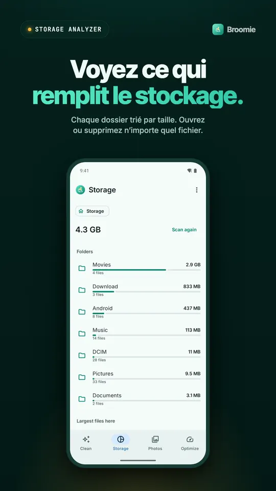 Analyseur de stockage listant des dossiers comme Movies, Download et Android triés par taille