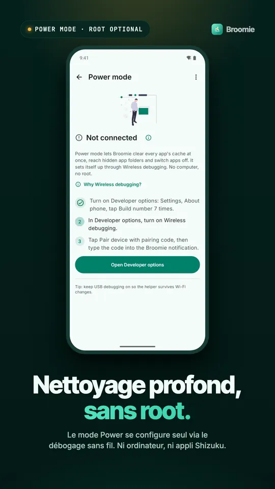 Étapes de configuration du mode avancé via les Options pour les développeurs et le Débogage sans fil, sans ordinateur ni root