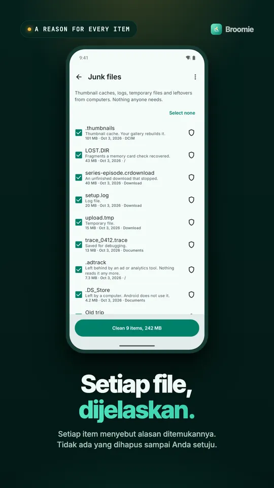 Daftar file sampah, setiap item seperti cache thumbnail, log, atau unduhan yang belum selesai punya keterangan kenapa ditemukan