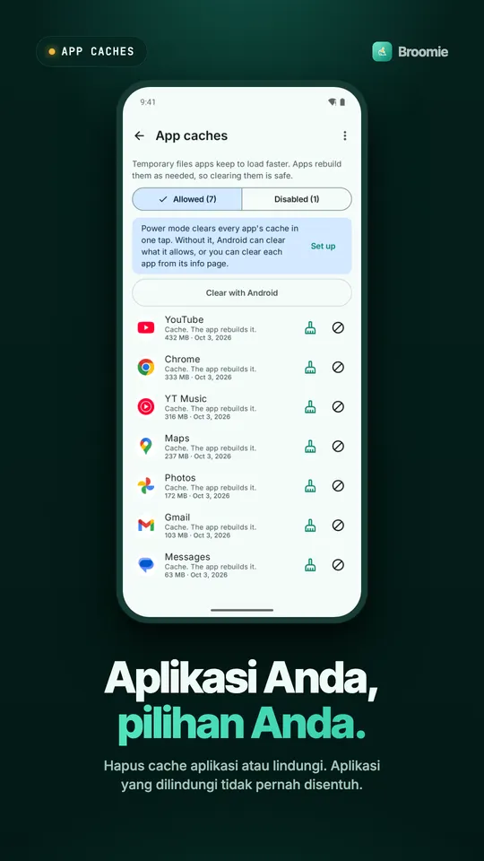 Daftar cache aplikasi dengan ukuran untuk YouTube, Chrome, Maps, dan aplikasi lain, masing-masing dengan tombol hapus dan tombol lindungi