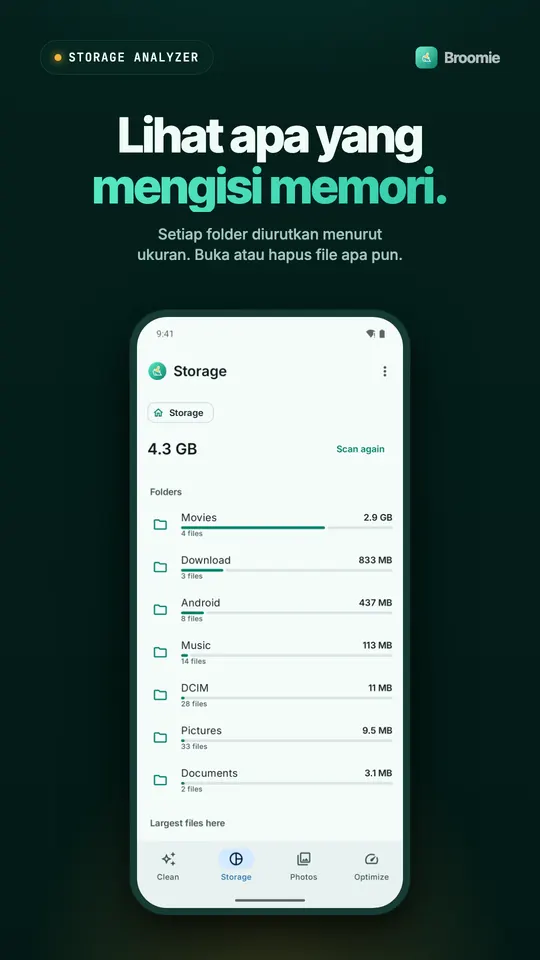Penganalisis penyimpanan menampilkan folder seperti Movies, Download, dan Android diurutkan menurut ukuran