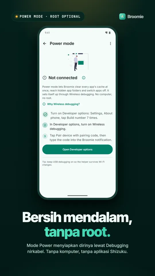 Langkah setup Mode Daya lewat Opsi developer dan Debugging nirkabel, tanpa komputer atau root