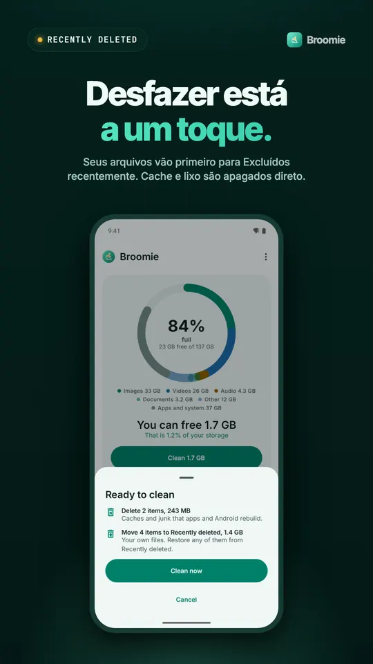 Painel Pronto para limpar separando os caches que são apagados dos seus próprios arquivos, que vão para a Lixeira