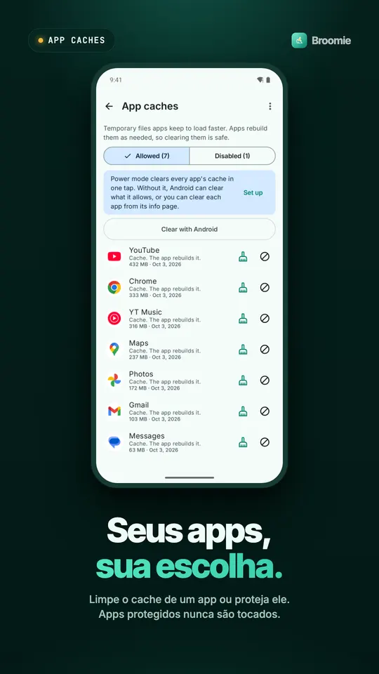 Lista de caches dos apps com tamanhos para YouTube, Chrome, Maps e outros apps, cada um com botão de limpar e de proteger