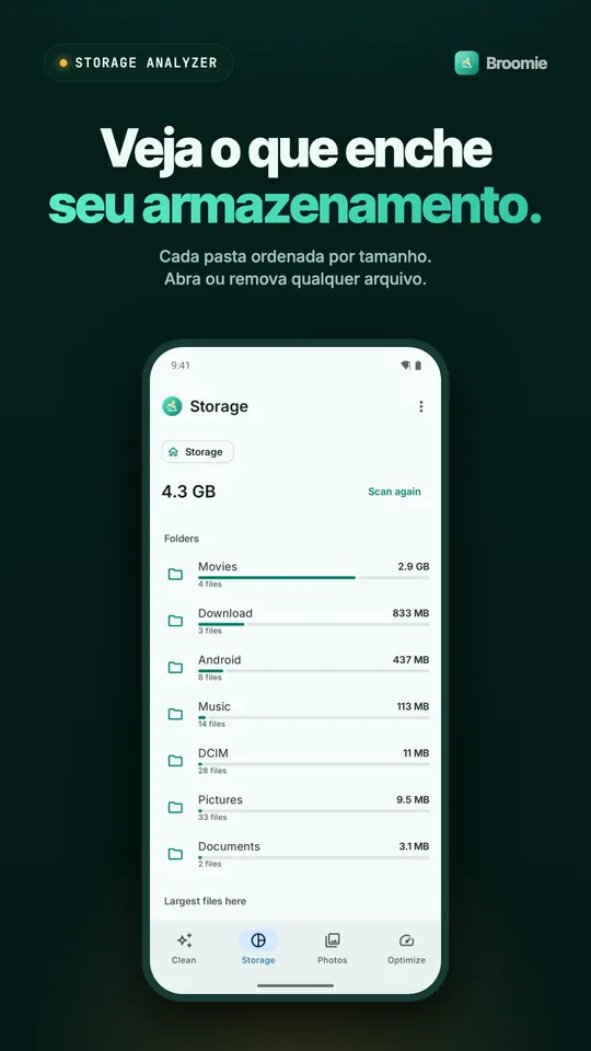 Analisador de armazenamento listando pastas como Movies, Download e Android ordenadas por tamanho