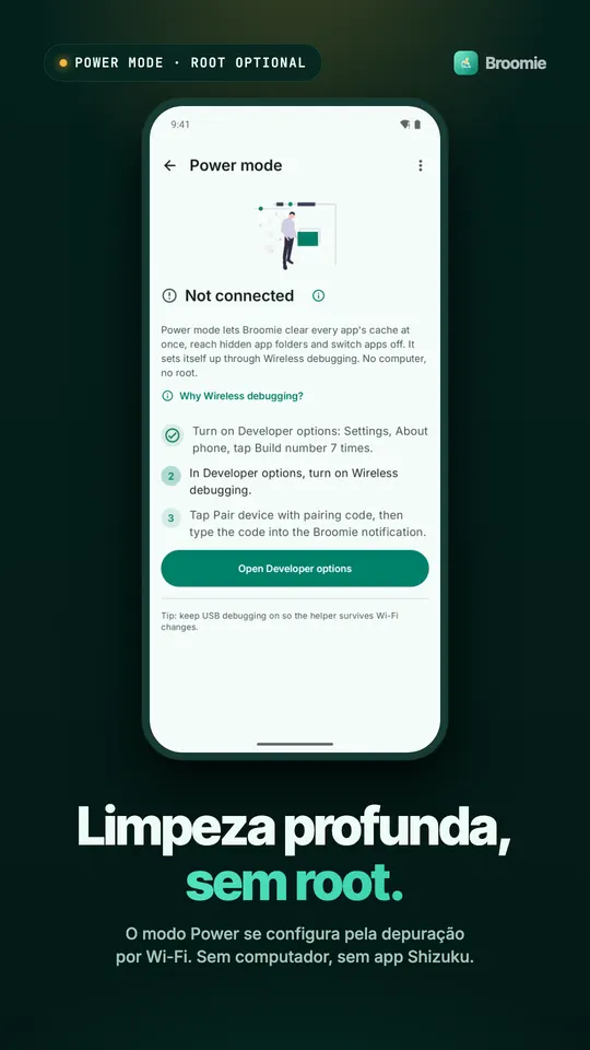 Passos de configuração do Modo Avançado pelas Opções do desenvolvedor e pela depuração sem fio, sem computador nem root