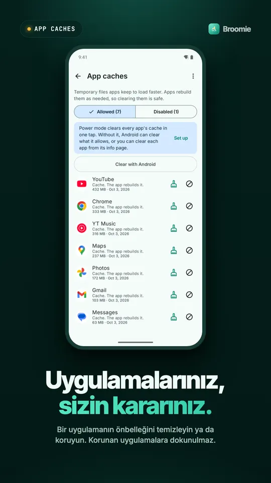 YouTube, Chrome, Haritalar ve diğer uygulamaların boyutlarıyla, her birinde temizle ve koru düğmesi olan uygulama önbellekleri listesi
